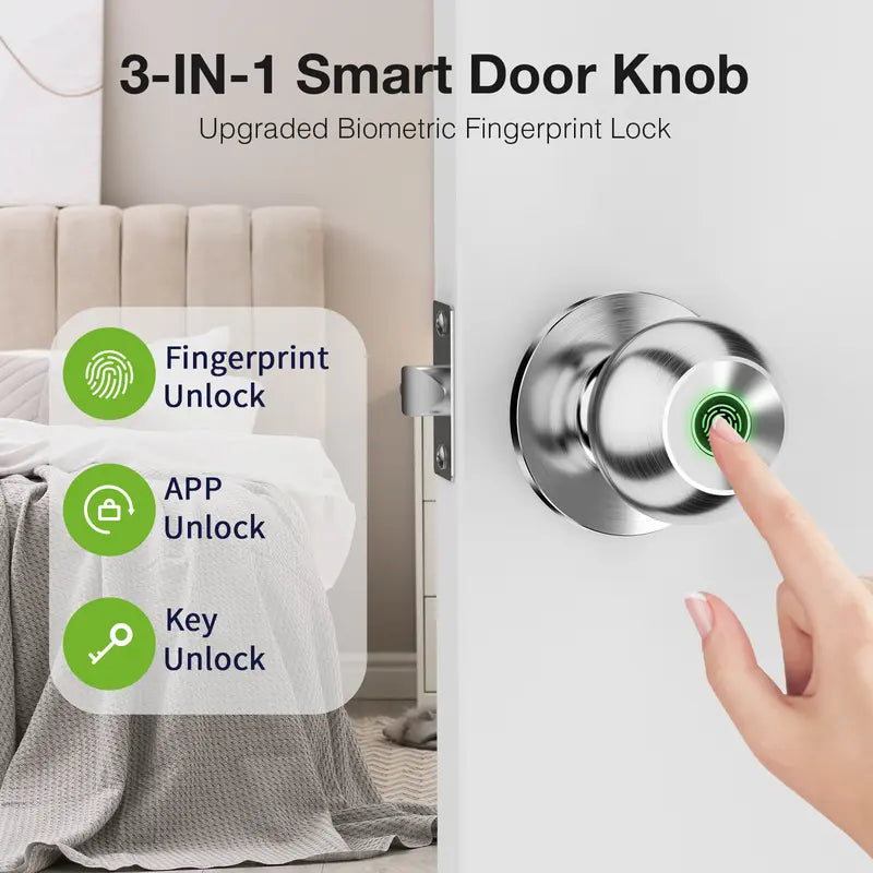 Ghome Smart Door Knob Fingerprint Door Lock Rechargeable Smart Lock Electronic Biometric Door Lock for Bedroom, App Control, Suitable for Bedroom Home, Offices, Garages, Hotels, Apartments