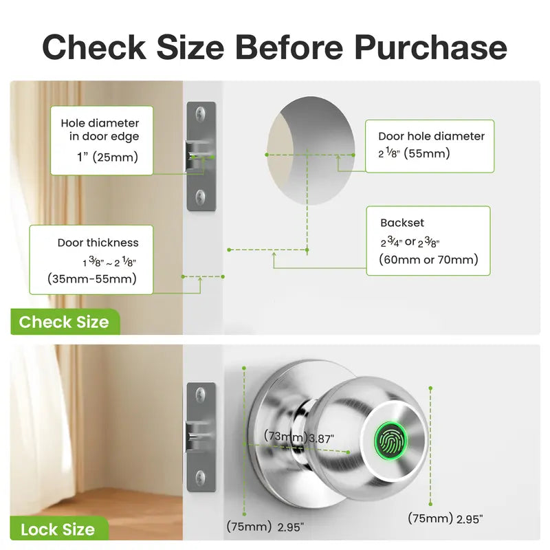 Ghome Smart Door Knob Fingerprint Door Lock Rechargeable Smart Lock Electronic Biometric Door Lock for Bedroom, App Control, Suitable for Bedroom Home, Offices, Garages, Hotels, Apartments