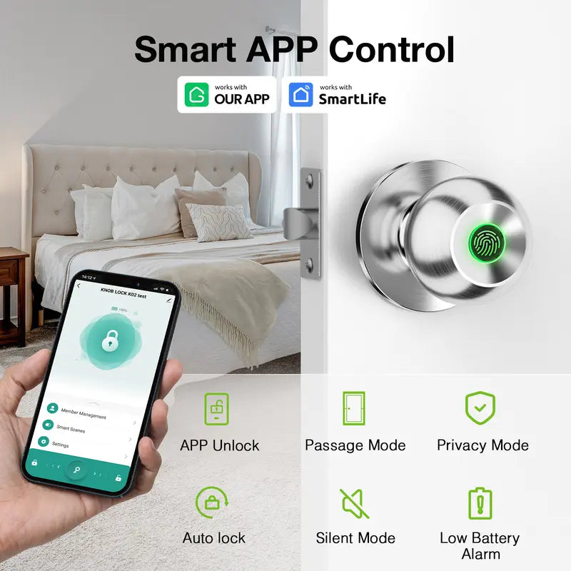 Ghome Smart Door Knob Fingerprint Door Lock Rechargeable Smart Lock Electronic Biometric Door Lock for Bedroom, App Control, Suitable for Bedroom Home, Offices, Garages, Hotels, Apartments