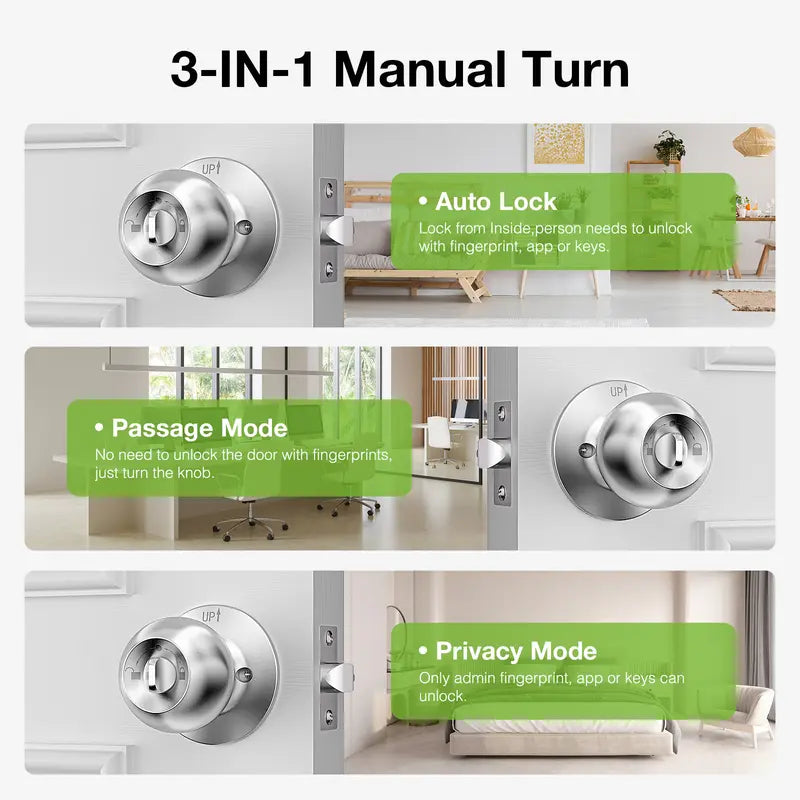 Ghome Smart Door Knob Fingerprint Door Lock Rechargeable Smart Lock Electronic Biometric Door Lock for Bedroom, App Control, Suitable for Bedroom Home, Offices, Garages, Hotels, Apartments