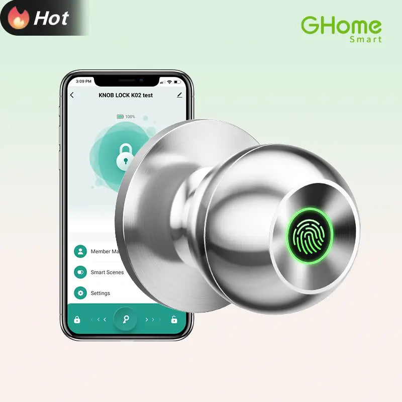 Ghome Smart Door Knob Fingerprint Door Lock Rechargeable Smart Lock Electronic Biometric Door Lock for Bedroom, App Control, Suitable for Bedroom Home, Offices, Garages, Hotels, Apartments