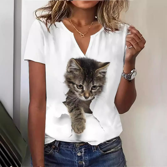 Women's Short-sleeved T-shirt Fashion Cat Printed Short-sleeved Top Casual Women's Clothing