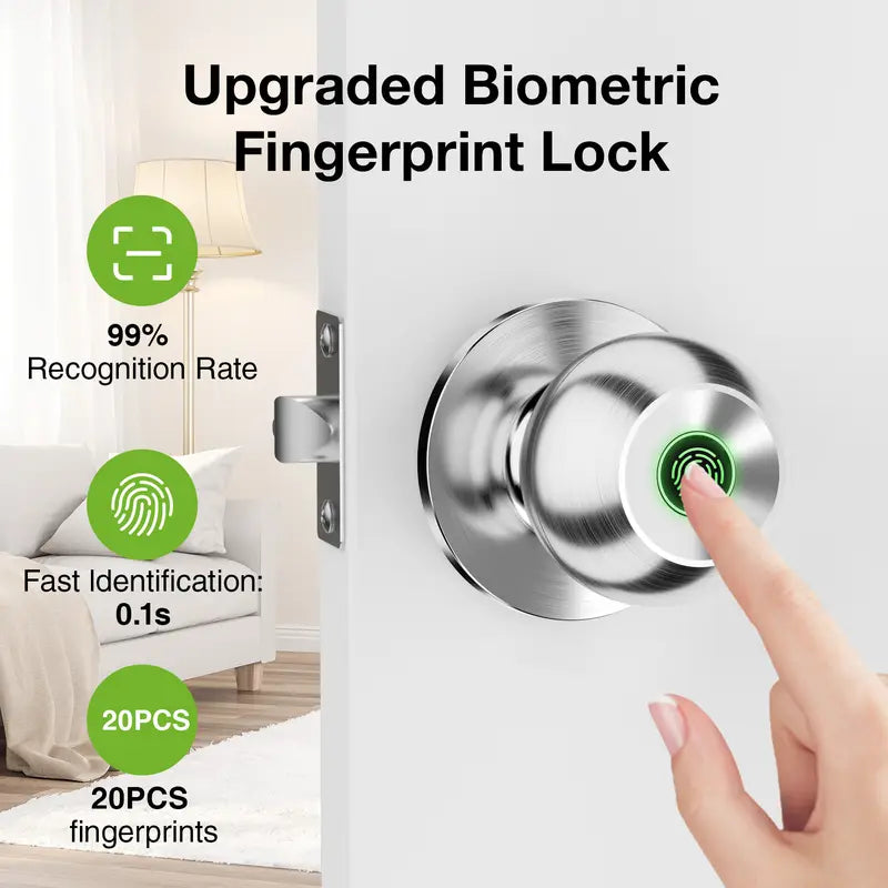 Ghome Smart Door Knob Fingerprint Door Lock Rechargeable Smart Lock Electronic Biometric Door Lock for Bedroom, App Control, Suitable for Bedroom Home, Offices, Garages, Hotels, Apartments